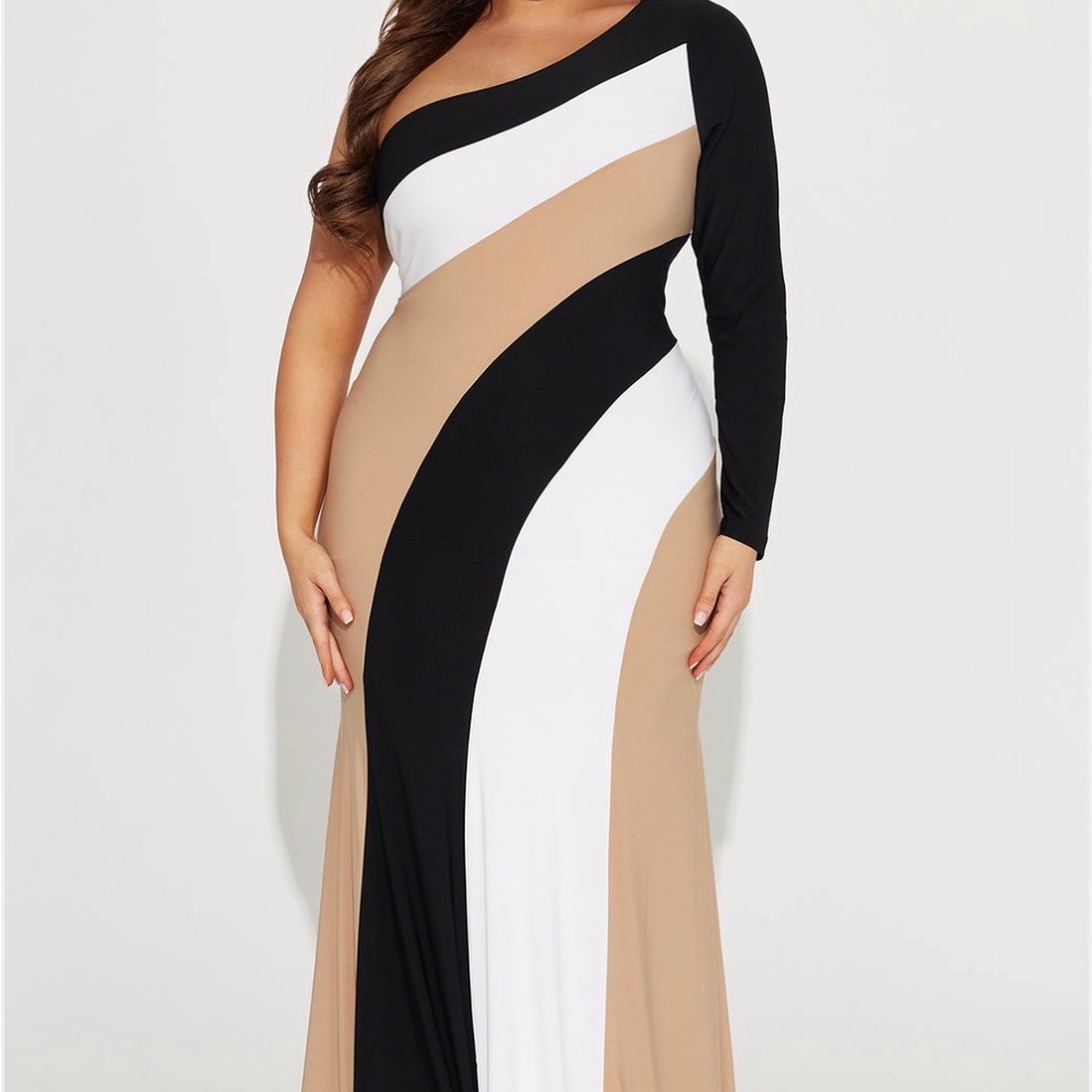 Fashion Nova One-Shoulder Colorblock Maxi Dress in Black, White & Beige